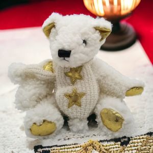 Plush Toy Teddy Bear Polyester Winter White Scarfed Sitting Gold Star Home Decor